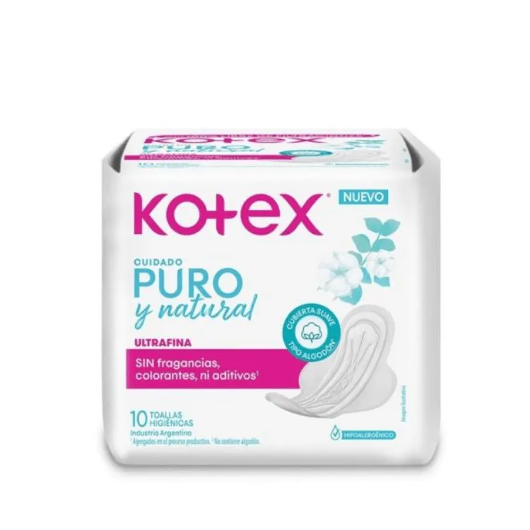 Kotex Toallas Sanitarias  Puro y Natural C/Alas x10 Unidades